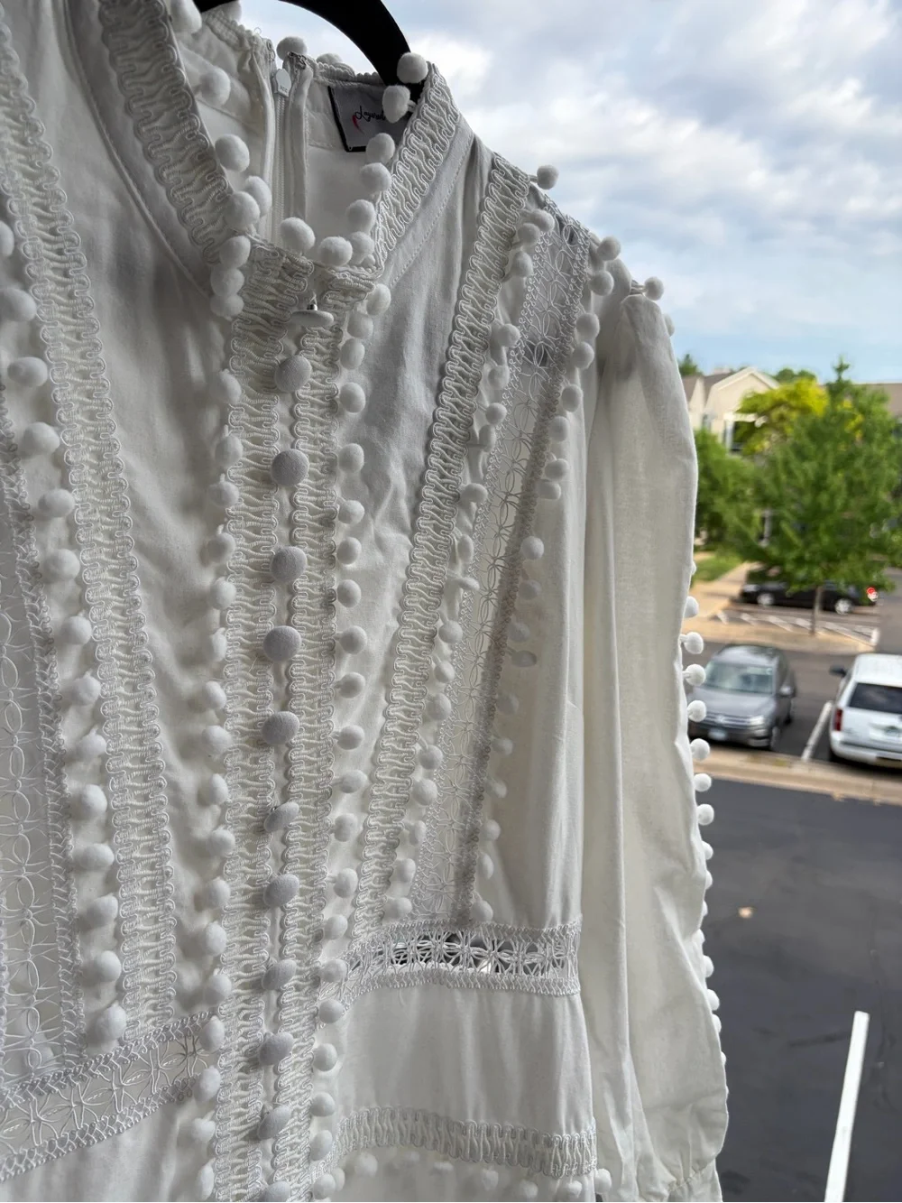 🆕🥥 Layered With Love White Pom Pom Lace Trim Mini Dress XL Boho Cottagecore - Picture 9 of 17